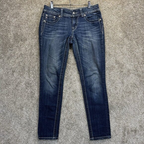 Miss Me Jeans Womens 30x32 Blue Skinny Flap Pockets Distressed Dark Wash Denim - Picture 2 of 14